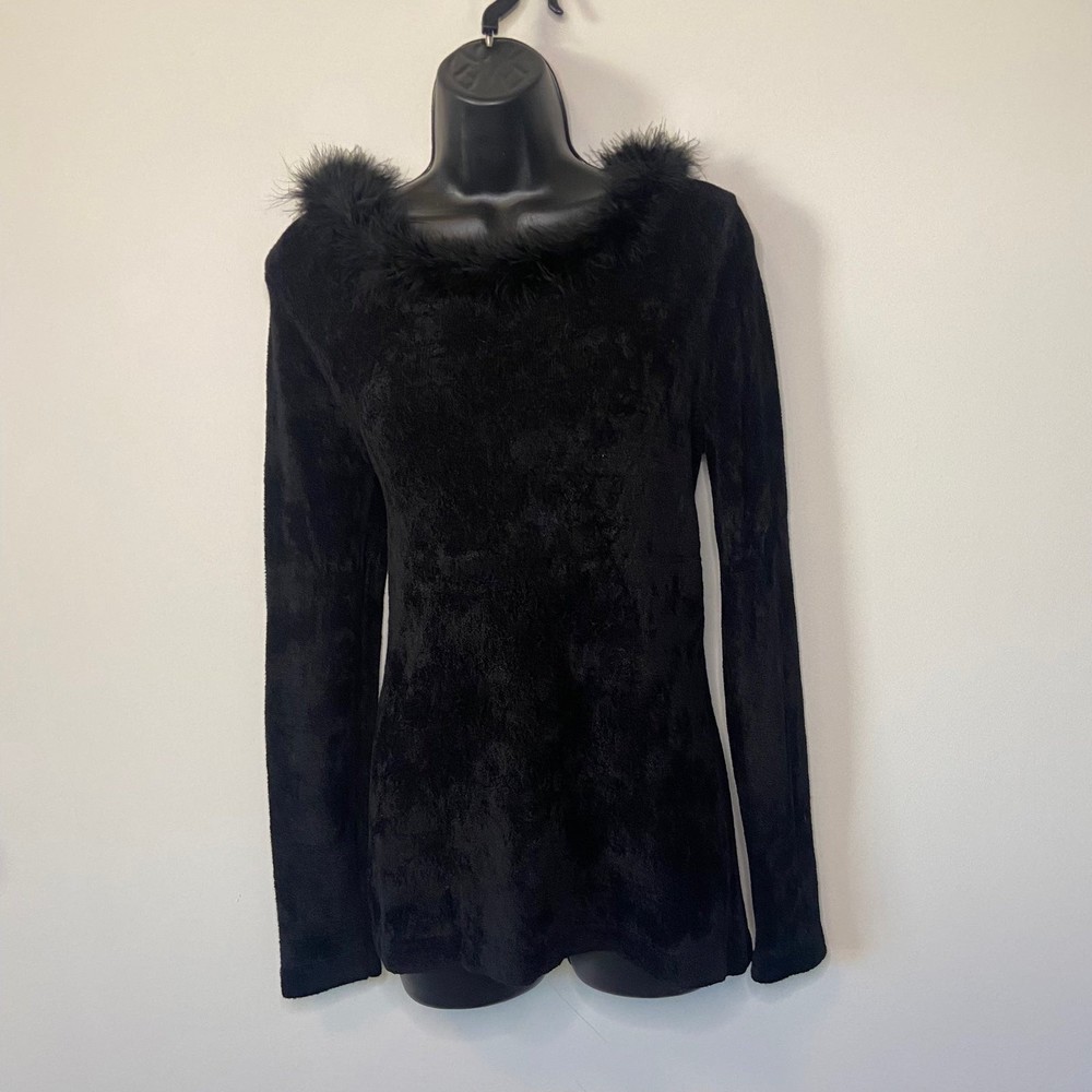 Chicos Black Velvet Feather Trim Long Sleeve Top Size Small